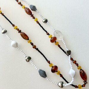 TWO Necklaces Beaded with Lucite Beads Shade of Brown and White with Silver 26”
